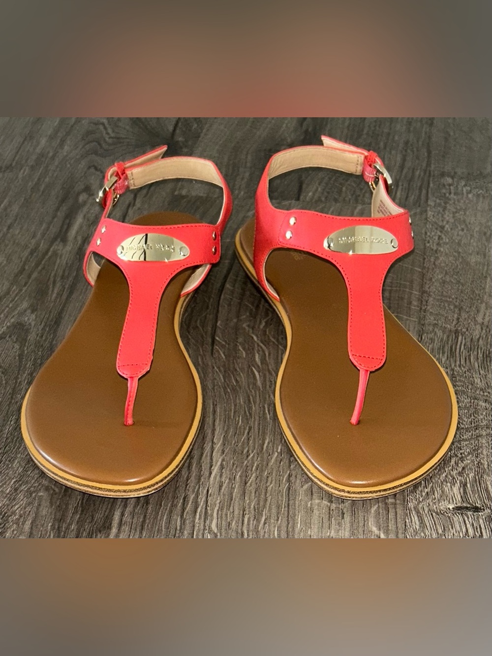 Michael Kors Dark Coral Pink T-strap Sandals with Gold Logo Plate